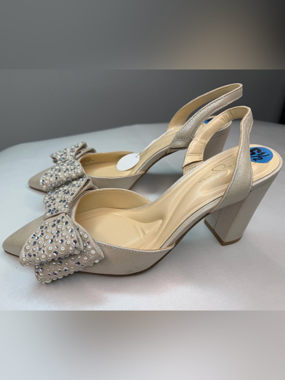 Beige Embellished Bow Slingback Pumps / Elegant Heels